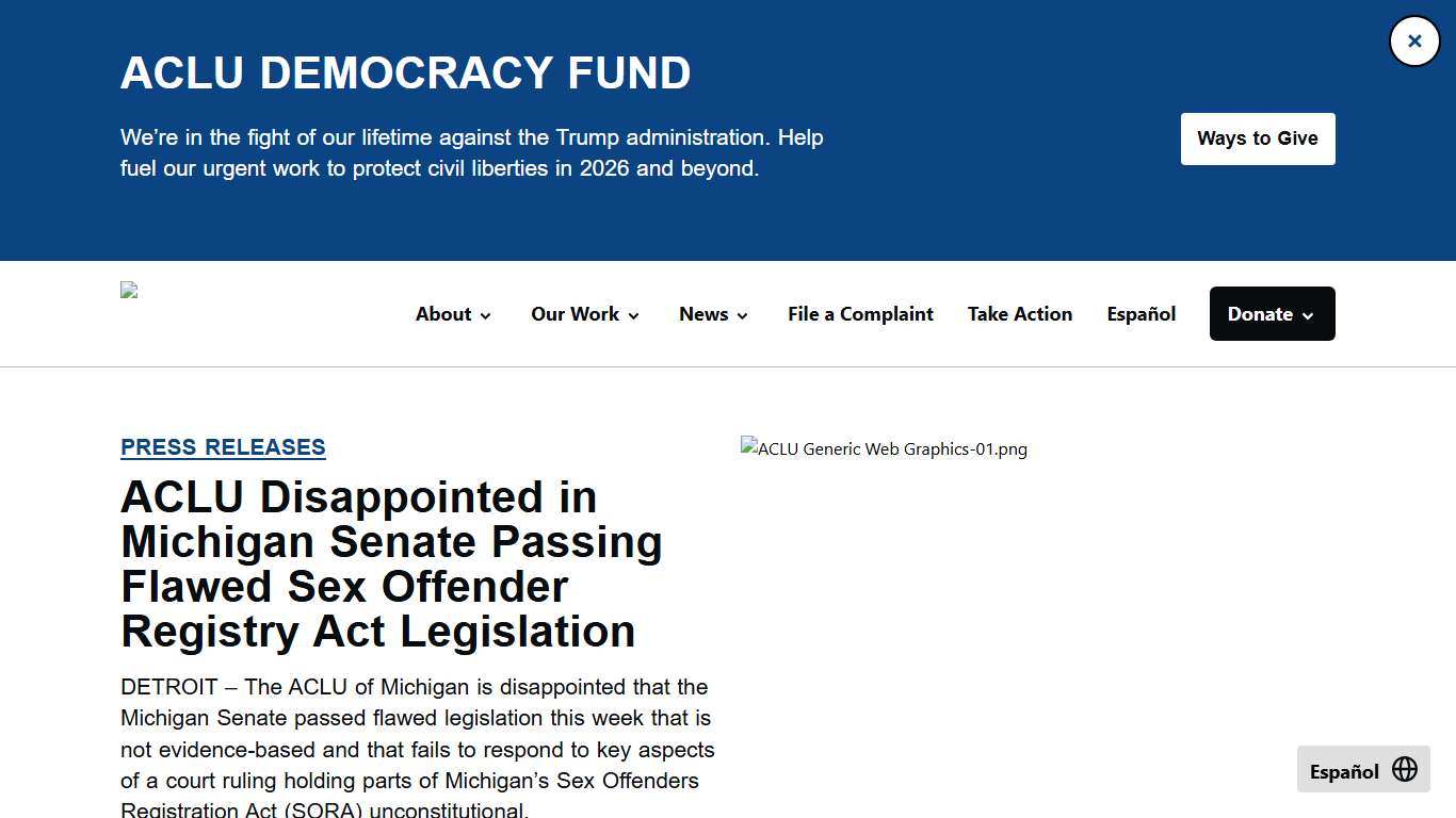 ACLU Disappointed in Michigan Senate Passing Flawed Sex Offender Registry Act Legislation - ACLU of Michigan