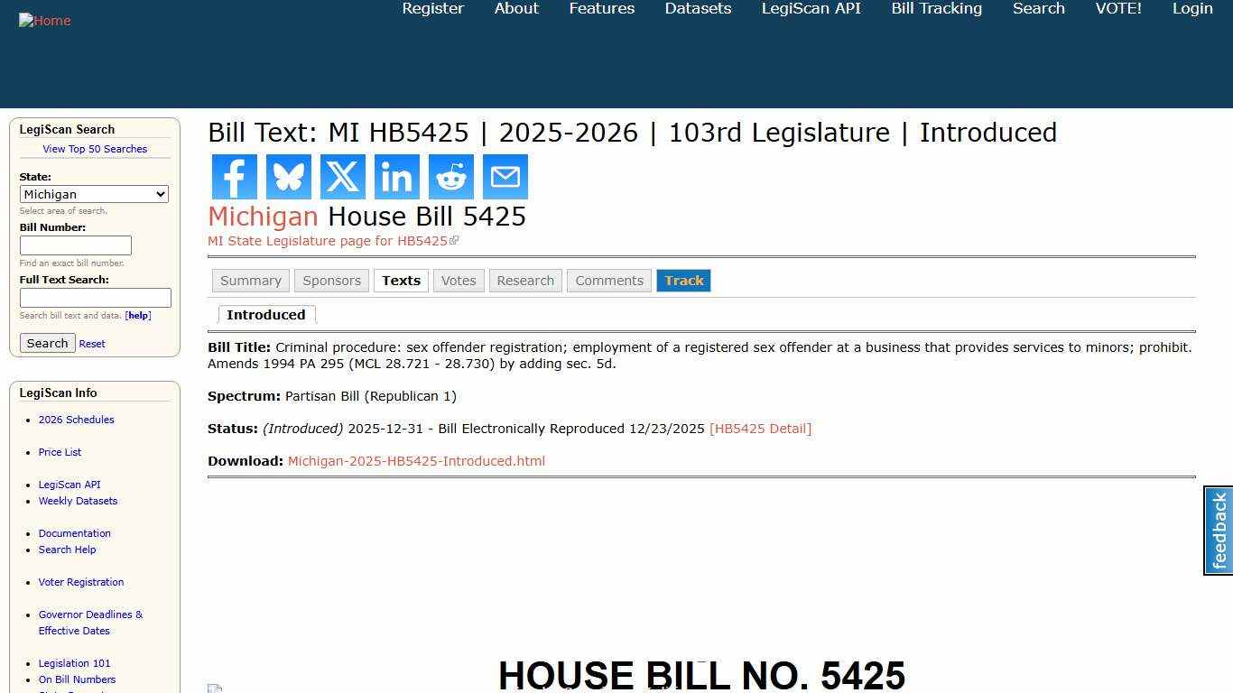 Bill Text: MI HB5425 2025-2026 103rd Legislature Introduced LegiScan